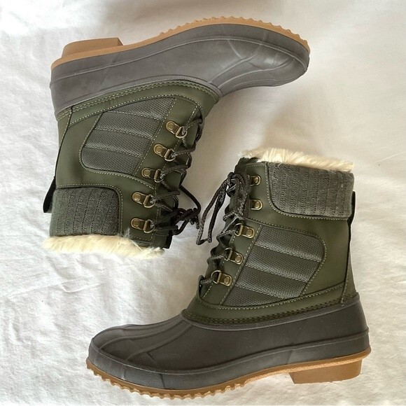 Khombu Faux Fur Duck Boots Booties Kathleen Waterproof Olive Green Sz 11 New - Picture 6 of 9